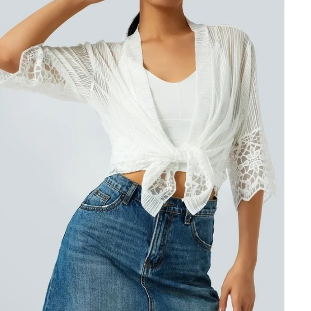 Lace Sheer Cardigan Sweater Short Sleeve Open Front Shrug Floral Bolero Cover Up - Picture 3 of 12
